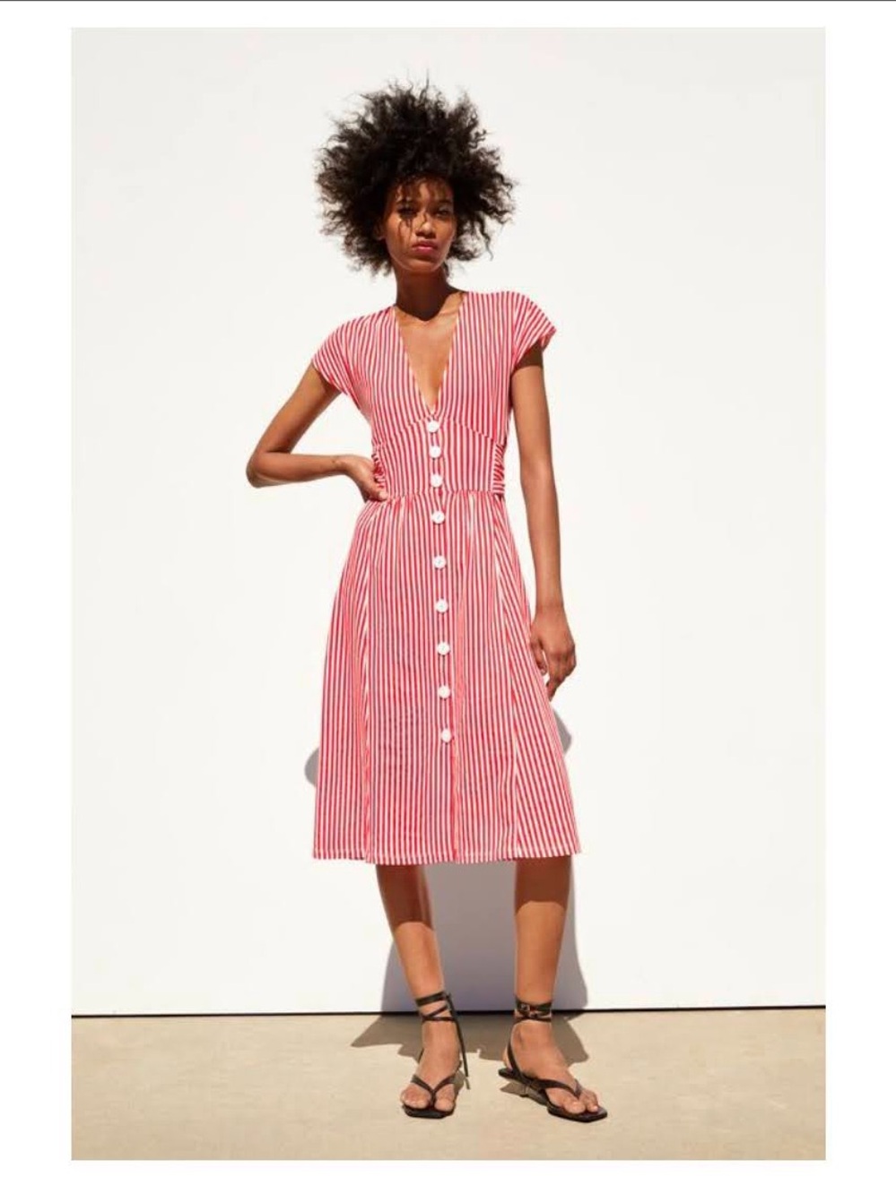 ZARA Red Striped Button-Front Midi Dress - L